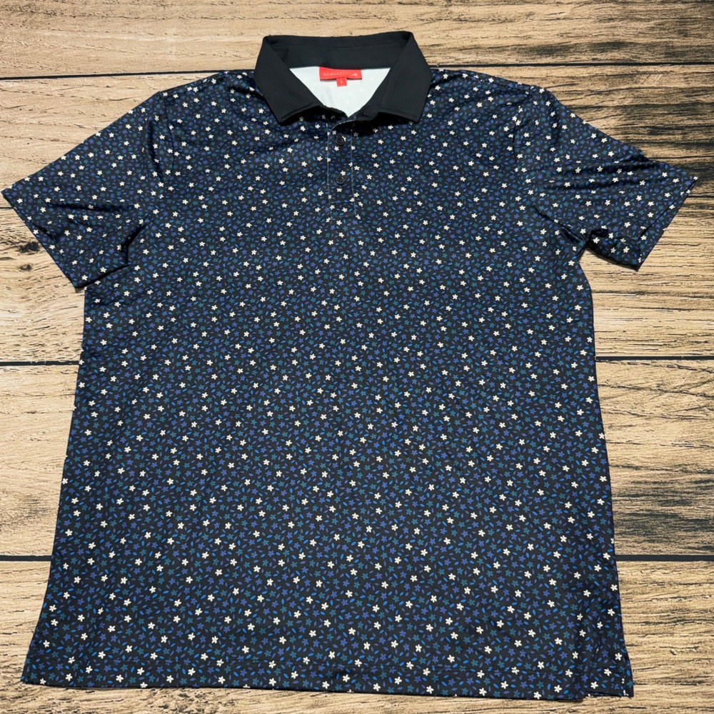 Redvanly Polo Shirt Mens Large L Navy Blue Floral Golf Performance Short Sleeve - Picture 2 of 8